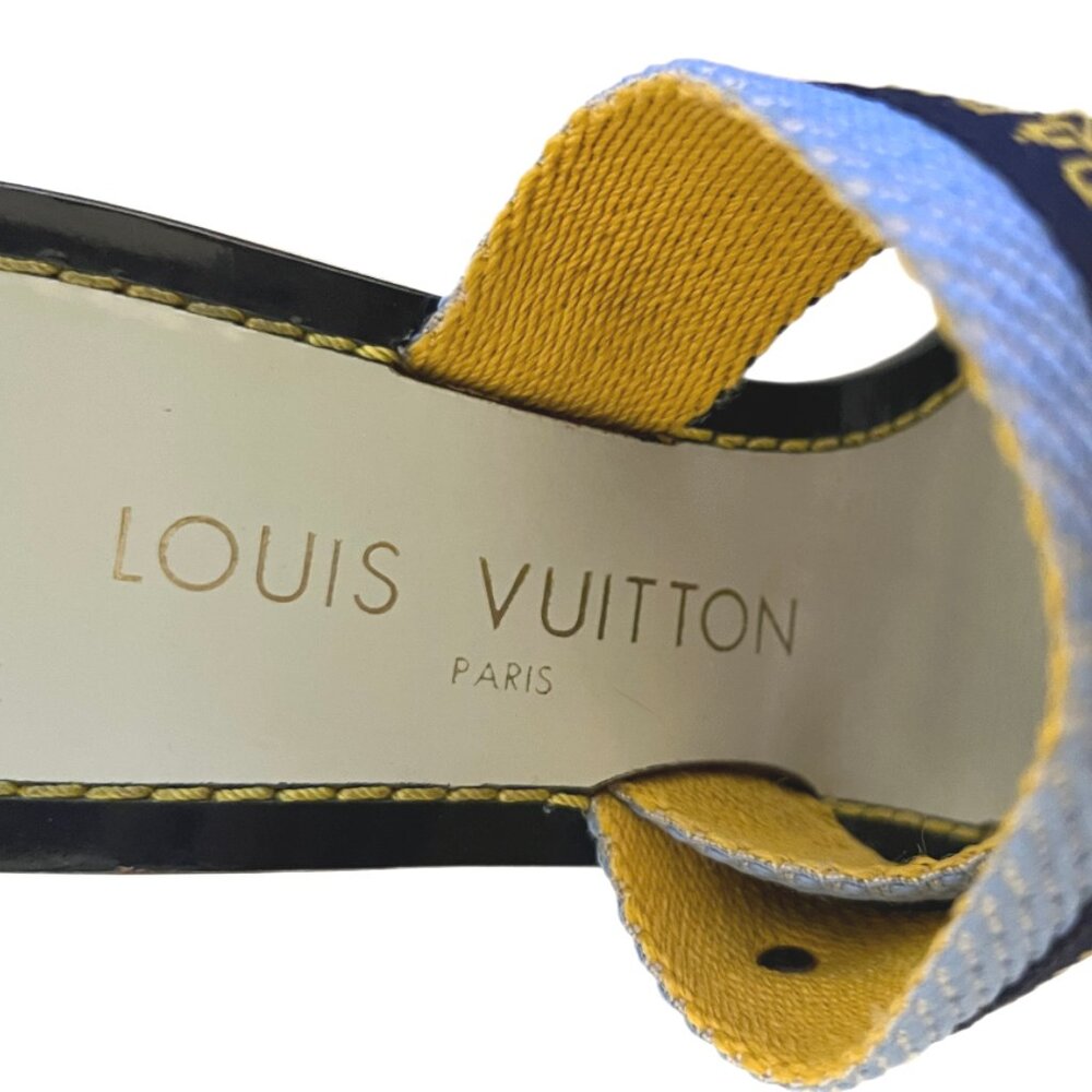Louis Vuitton Paris Blue Canvas 3.5" Heeled Sandals Metal Logo Size 35/US size 5 - Picture 12 of 13